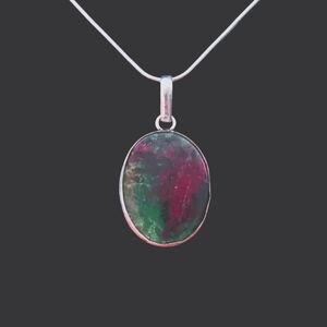 Ruby in Zoisite 925 Sterling Silver Oval Pendant Necklace w/ 18" Chain